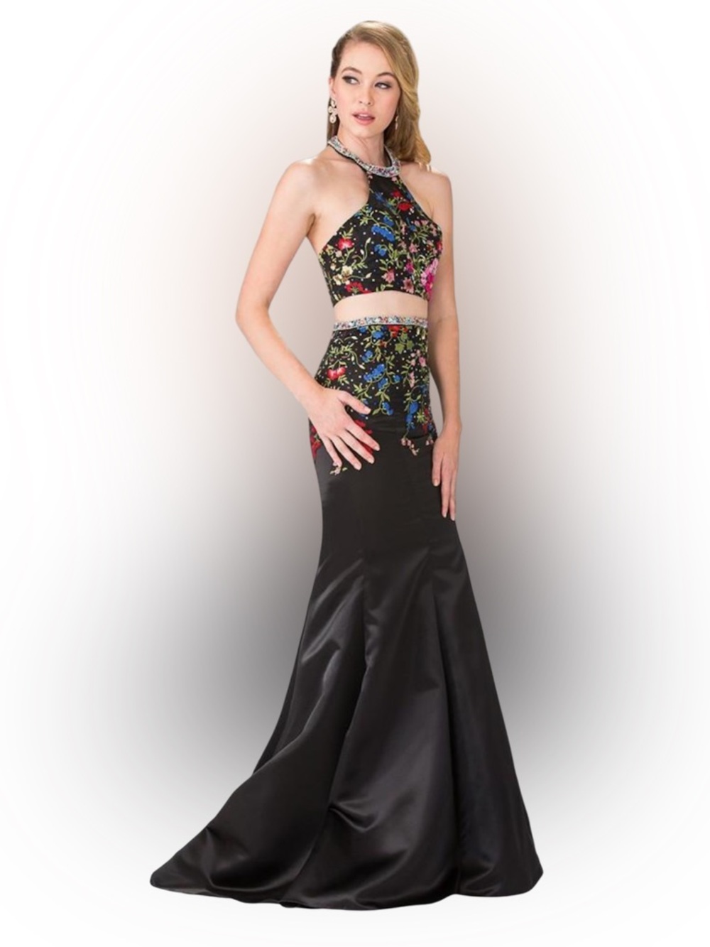 Floral Black Two-Piece Dress Mexican Style